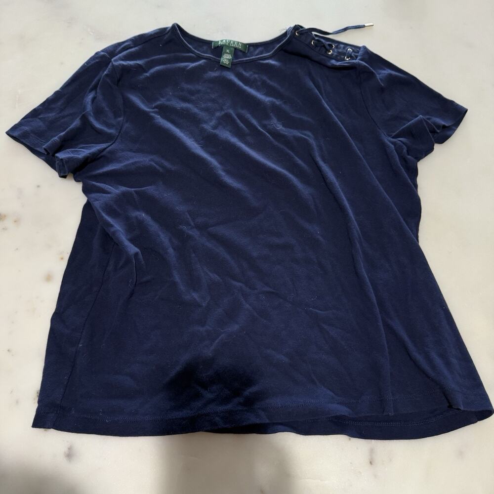 Lauren Ralph Lauren Green Tag Women XL Short Sleeve TShirt Lace Up Shoulder Navy